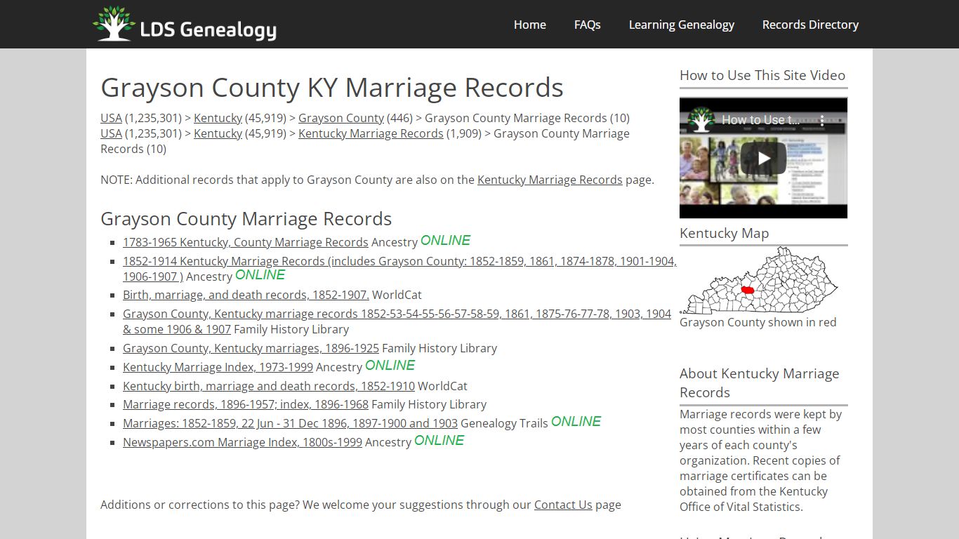 Grayson County KY Marriage Records - LDS Genealogy